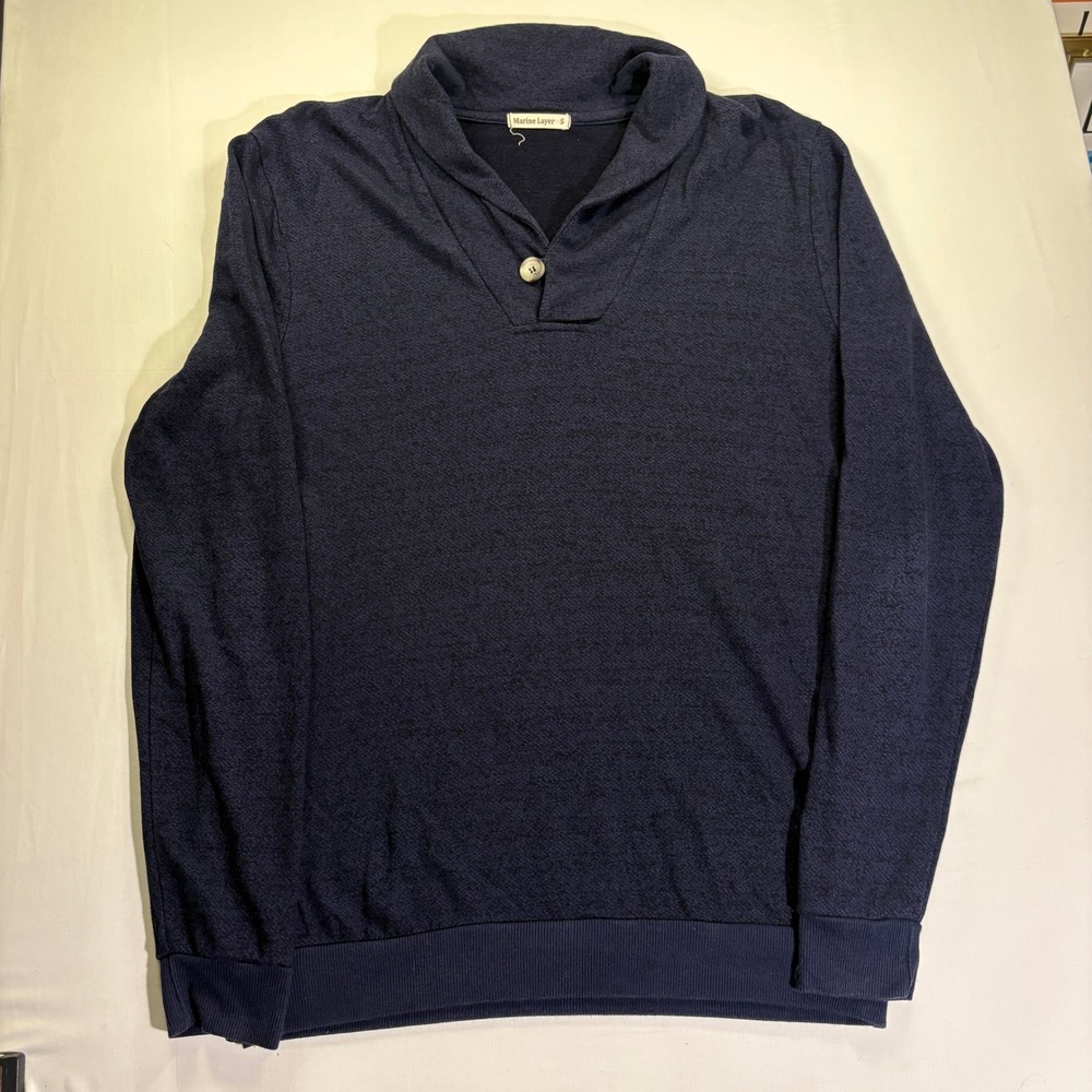 Marine Layer Mens Shawl Collar Pullover Navy Blue Heather Button Sweater Small